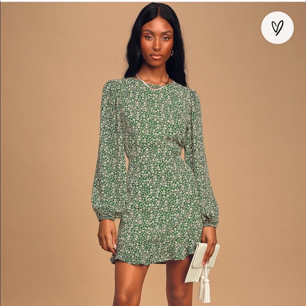 Green long sleeve floral dress with open back
